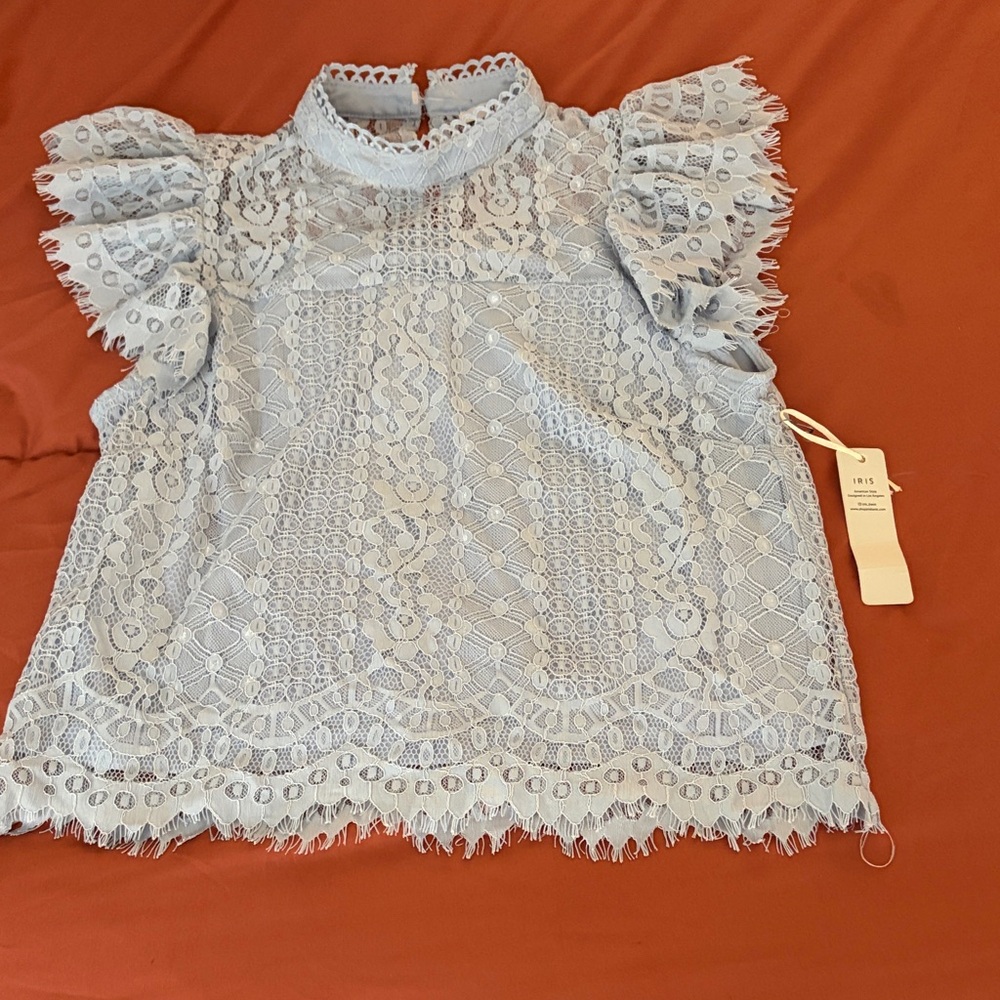 iris Light Blue Lace Ruffle Sleeve Blouse